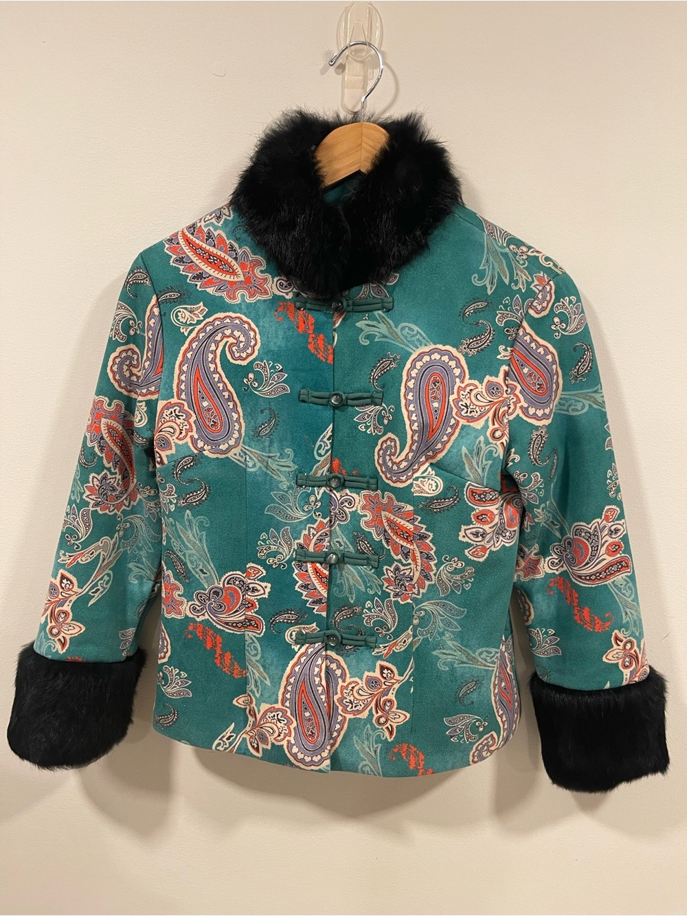 Teal Paisley Toggle Jacket with Black Faux Fur Trim